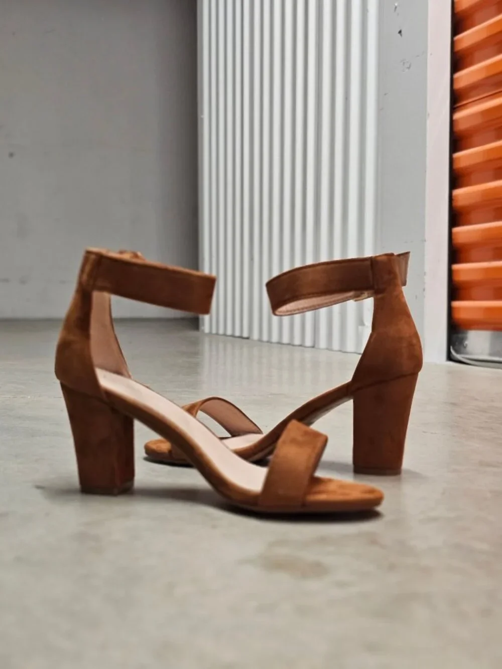 Tan Faux Suede Block Heel Sandals With Adjustable Ankle Strap Open Toe Design Wo - Picture 12 of 14